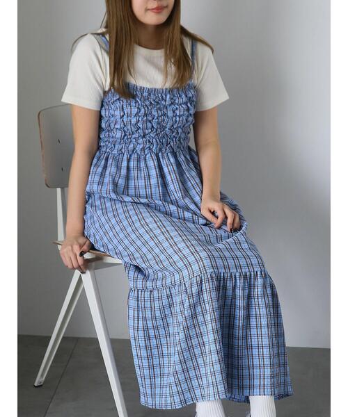 ehka sopo(エヘカソポ)の「チェックシャーリングキャミワンピース(ワンピース・レディース・グリーン/サックスブルー/イエロー・F)」の1枚目の写真