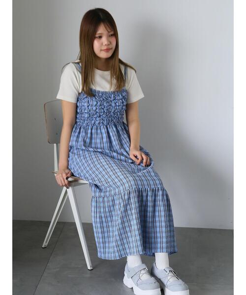 ehka sopo(エヘカソポ)の「チェックシャーリングキャミワンピース(ワンピース・レディース・グリーン/サックスブルー/イエロー・F)」の20枚目の写真