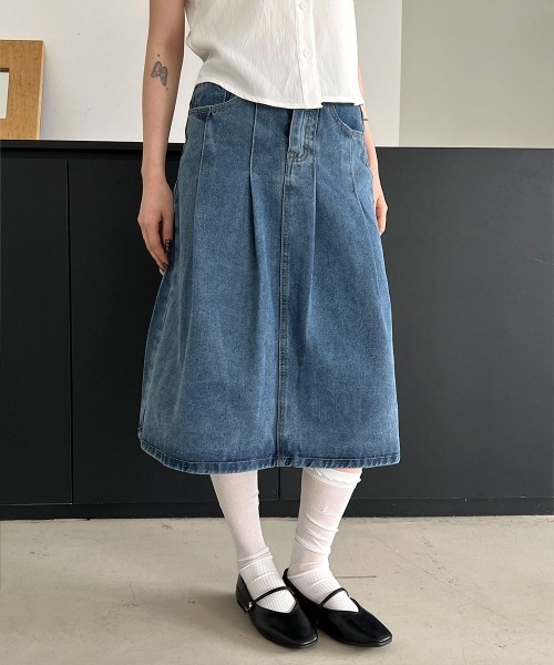 オールシーズン着用可能】ベーシック フレア Aライン デニム ミディ