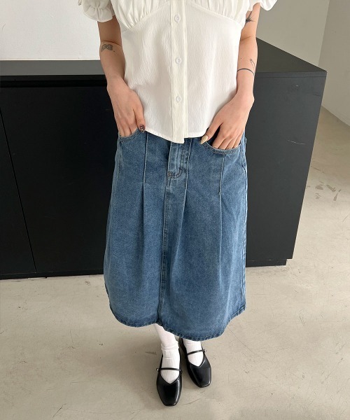 オールシーズン着用可能】ベーシック フレア Aライン デニム ミディ