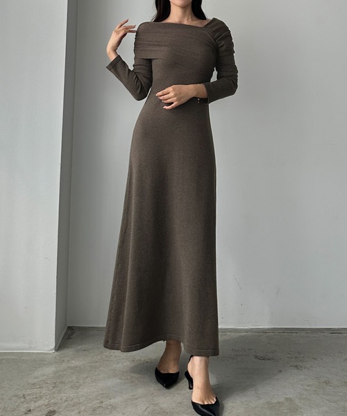 セール】アシメネックフレアニットワンピース[高身長サイズMT/低身長