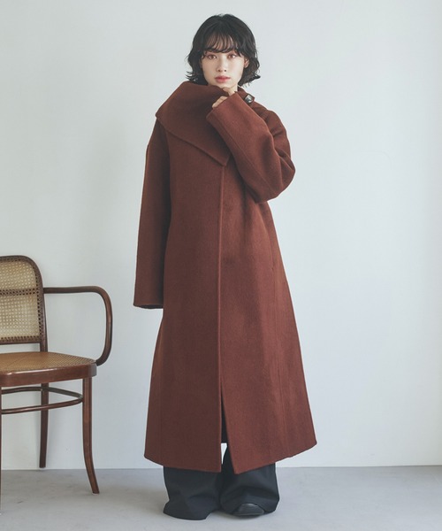 LAULEN(ローレン)の「2way cashmere belted coat /2wayカシミアベルト付きロングコート(ノーカラーコート・レディース・ブラウン・FREE)」の1枚目の写真