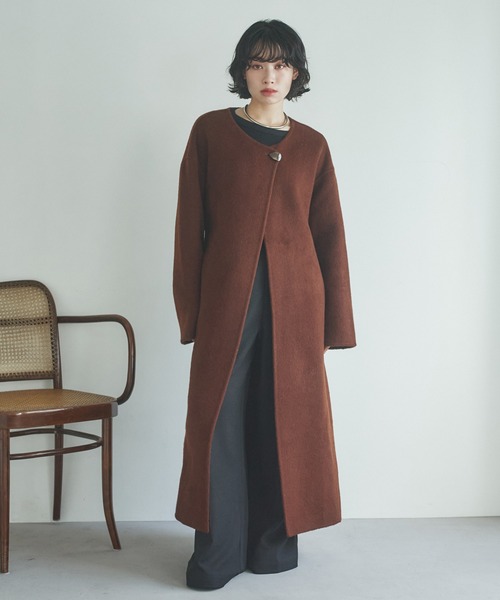 LAULEN(ローレン)の「2way cashmere belted coat /2wayカシミアベルト付きロングコート(ノーカラーコート・レディース・ブラウン・FREE)」の7枚目の写真
