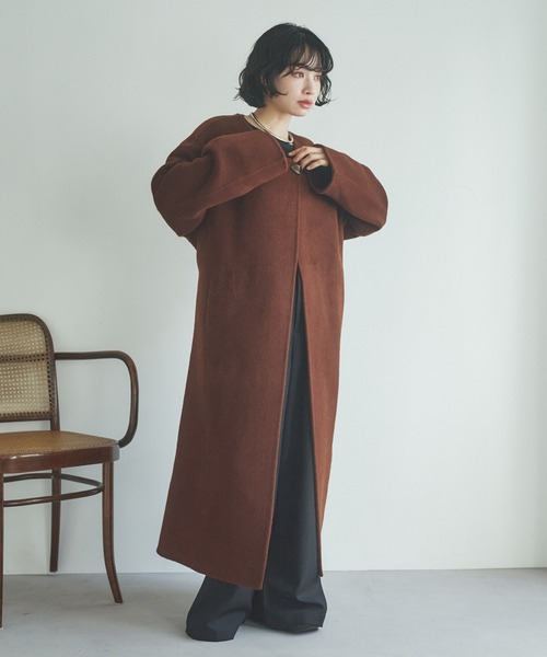 LAULEN(ローレン)の「2way cashmere belted coat /2wayカシミアベルト付きロングコート(ノーカラーコート・レディース・ブラウン・FREE)」の8枚目の写真