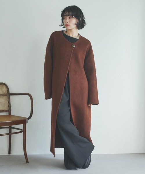 LAULEN(ローレン)の「2way cashmere belted coat /2wayカシミアベルト付きロングコート(ノーカラーコート・レディース・ブラウン・FREE)」の9枚目の写真