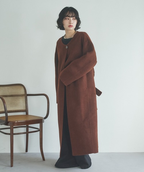 LAULEN(ローレン)の「2way cashmere belted coat /2wayカシミアベルト付きロングコート(ノーカラーコート・レディース・ブラウン・FREE)」の10枚目の写真