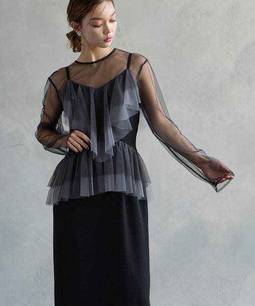 1★新品★ AIMERチュールブラウス×配色チュールフリルIラインワンピース2点 セール】【WEB限定】チュールブラウス×配色チュールフリルIライン