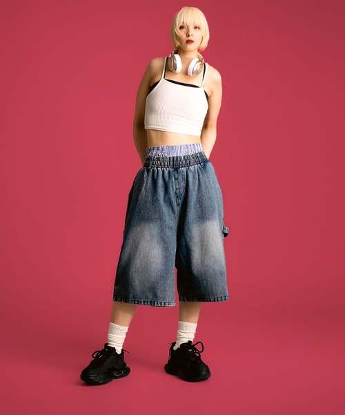 MAISON SELECT(メゾンセレクト)の「7A11 ワイドデニム ハーフパンツ バミューダパンツ ウエストゴム 854 レディース(デニムパンツ・レディース・ライトブルー/ブルー/ブルー系その他・M/L)」の2枚目の写真