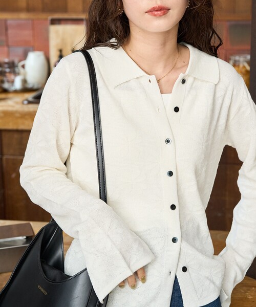 セール】限定展開 麻タッチ フラワー ジャガード カーディガン