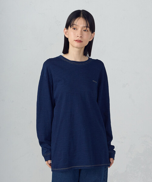 ONIGIRI（オニギリ）の「スラブ天竺ロングＴシャツ（Tシャツ/カットソー・レディース・ネイビー/オフホワイト・FREE）」の3枚目の写真