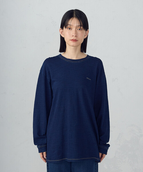 ONIGIRI（オニギリ）の「スラブ天竺ロングＴシャツ（Tシャツ/カットソー・レディース・ネイビー/オフホワイト・FREE）」の4枚目の写真