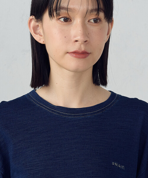ONIGIRI（オニギリ）の「スラブ天竺ロングＴシャツ（Tシャツ/カットソー・レディース・ネイビー/オフホワイト・FREE）」の7枚目の写真