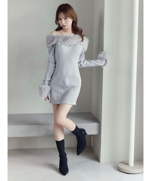 EATME フェイクファーオフショルミニワンピース BLACK フェイクファーオフショルミニワンピース（ワンピース）｜EATME