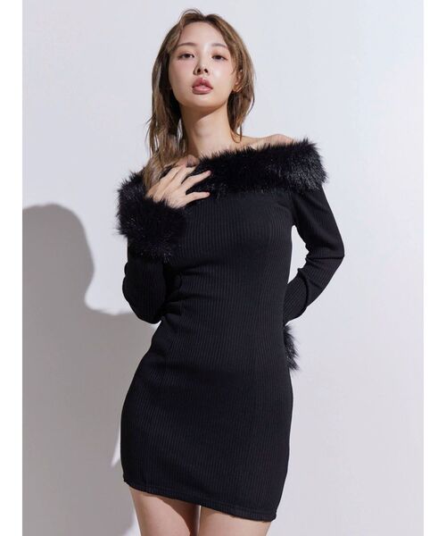 EATME フェイクファーオフショルミニワンピース BLACK フェイクファーオフショルミニワンピース[品番：MKSW0066397