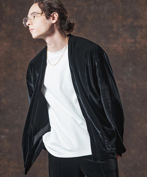 Jih Nunc（ジーヌンク）の「mcg3690-ストレッチベロアボタンレスカーディガン(JIH-R1123)（カーディガン/ボレロ・メンズ・ブラック/パープル/ブラウン・L/M/S）」の2枚目の写真