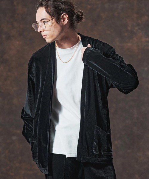 Jih Nunc（ジーヌンク）の「mcg3690-ストレッチベロアボタンレスカーディガン(JIH-R1123)（カーディガン/ボレロ・メンズ・ブラック/パープル/ブラウン・L/M/S）」の4枚目の写真