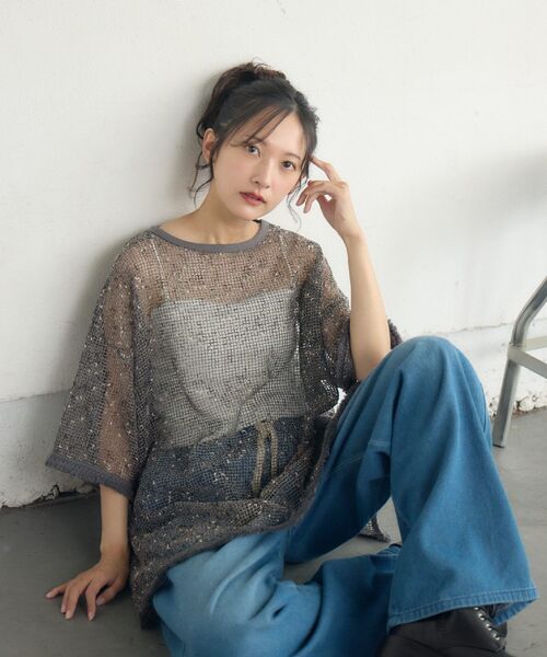 RETRO GIRL(レトロガール)の「フリンジメッシュPO(Tシャツ/カットソー・レディース・チャコールグレー/ブラック・FREE)」の6枚目の写真