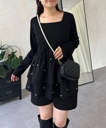 スクエアネックパールペプラムレイヤードロンT