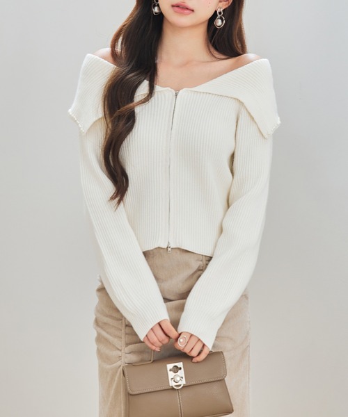 SAISON DE PAPILLON（セゾンドパピヨン）の「パール付きダブルジップニットカーディガン（カーディガン/ボレロ・レディース・アイボリー/ブラック/ベージュ・L/M）」の2枚目の写真