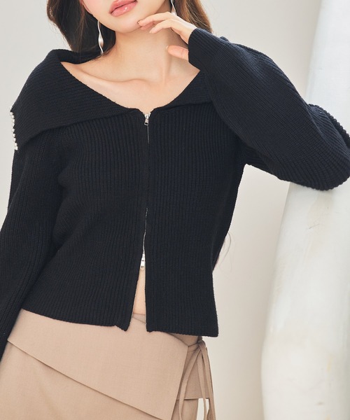 SAISON DE PAPILLON（セゾンドパピヨン）の「パール付きダブルジップニットカーディガン（カーディガン/ボレロ・レディース・アイボリー/ブラック/ベージュ・L/M）」の10枚目の写真