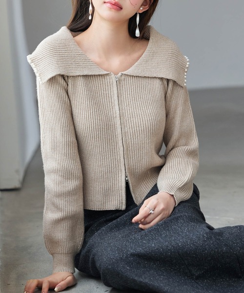 SAISON DE PAPILLON（セゾンドパピヨン）の「パール付きダブルジップニットカーディガン（カーディガン/ボレロ・レディース・アイボリー/ブラック/ベージュ・L/M）」の17枚目の写真