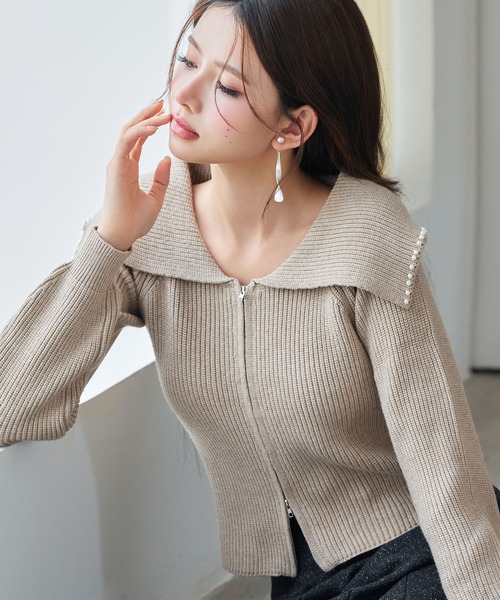 SAISON DE PAPILLON（セゾンドパピヨン）の「パール付きダブルジップニットカーディガン（カーディガン/ボレロ・レディース・アイボリー/ブラック/ベージュ・L/M）」の22枚目の写真