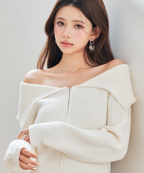 SAISON DE PAPILLON（セゾンドパピヨン）の「パール付きダブルジップニットカーディガン（カーディガン/ボレロ・レディース・アイボリー/ブラック/ベージュ・L/M）」の9枚目の写真