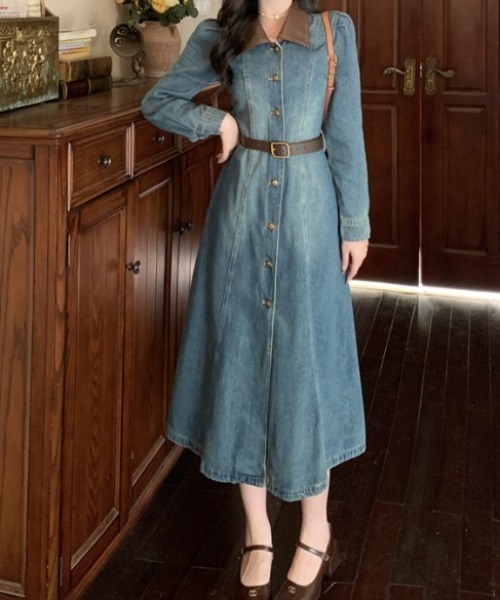 セール】フェイクレザー襟Aラインデニムワンピース（ワンピース