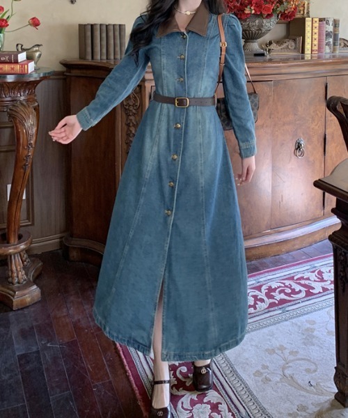 新品級✨HERMES 21AW デニムワンピース ラムスキン 定価115.5万 マーメイドデニムワンピース