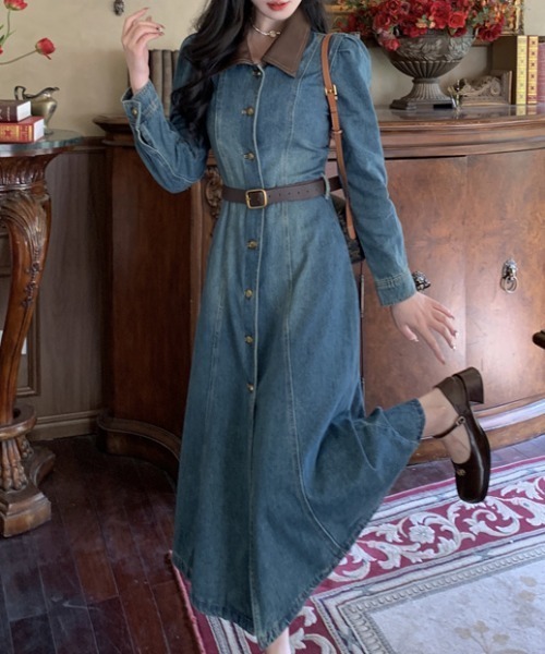 セール】フェイクレザー襟Aラインデニムワンピース（ワンピース