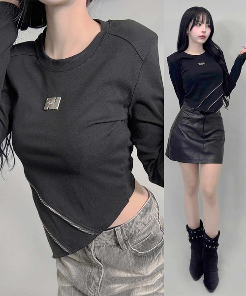 FOLLOWIN(フォロウィン)の「アシメジップデザインY2Kムードロングスリーブトップス(Tシャツ/カットソー・レディース・カーキ/ブラック・FREE)」の2枚目の写真