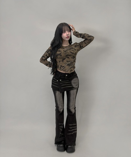 セール】アシメジップデザインY2Kムードロングスリーブトップス（T