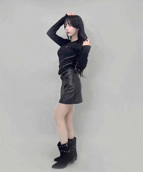 FOLLOWIN(フォロウィン)の「アシメジップデザインY2Kムードロングスリーブトップス(Tシャツ/カットソー・レディース・カーキ/ブラック・FREE)」の11枚目の写真