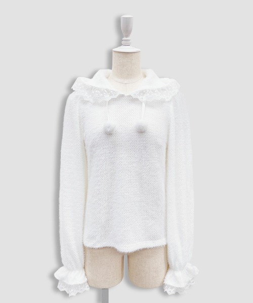 Honey Cinnamon(ハニーシナモン)の「フリルフードトップス(ニット/セーター・レディース・ホワイト/ブラック・FREE)」の7枚目の写真