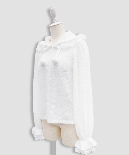 Honey Cinnamon(ハニーシナモン)の「フリルフードトップス(ニット/セーター・レディース・ホワイト/ブラック・FREE)」の8枚目の写真