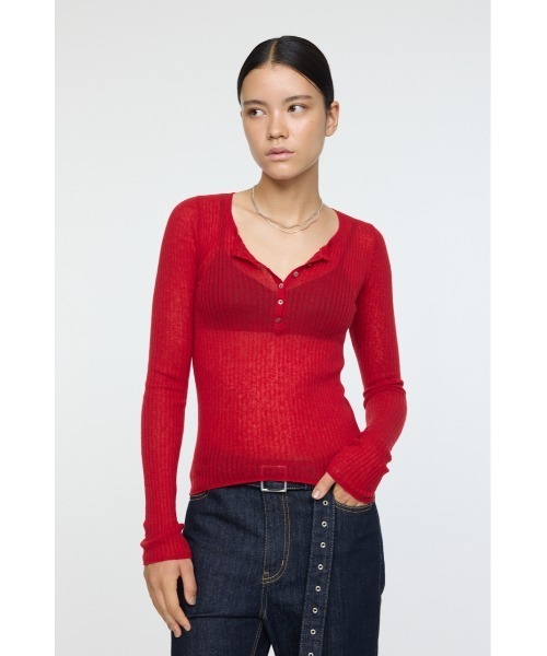 セール】SHEER HENRY NECK KNIT TOP / シアーヘンリーネックニット