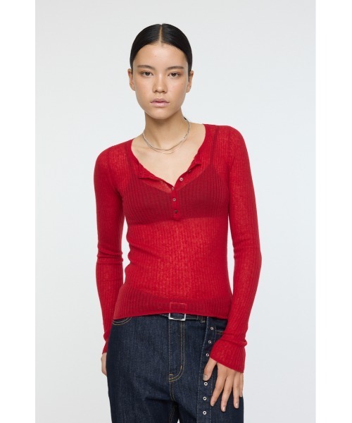 セール】SHEER HENRY NECK KNIT TOP / シアーヘンリーネックニット