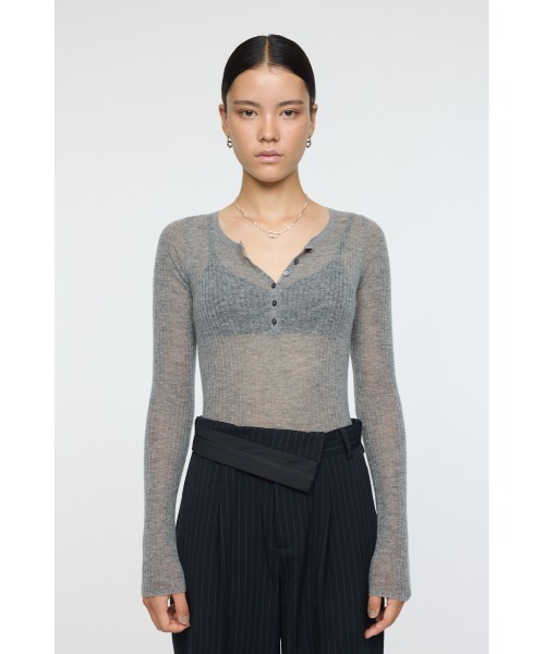 セール】SHEER HENRY NECK KNIT TOP / シアーヘンリーネックニット