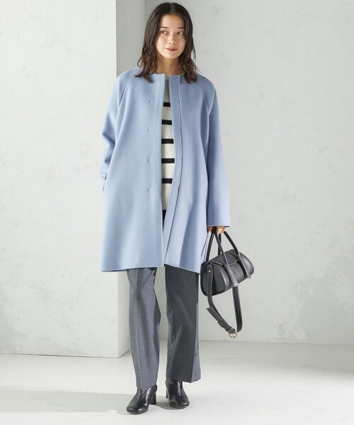 ヨーコチャン ノーカラーコート Aライン パステルカラー 38 ブルー系 SHIPS（シップス）の「Pure SUPER100 ノーカラー コート（ノーカラー