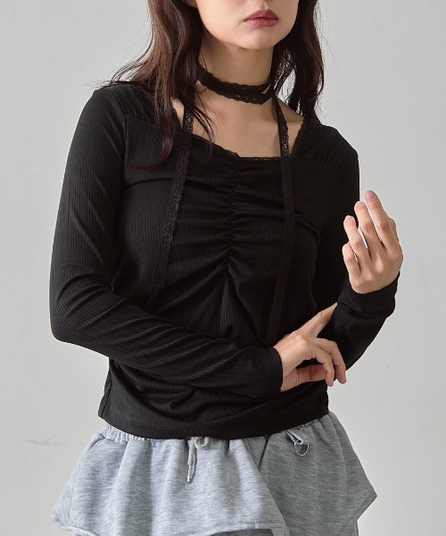 mul.（ムル）の「レースタイ付きリブフリルトップス（Tシャツ/カットソー・レディース・ホワイト/ブラック・FREE）」の2枚目の写真
