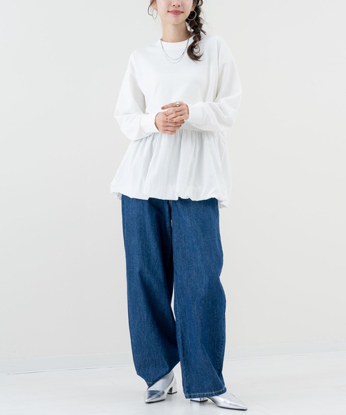 SABUROKU(サブロク)の「【SABUROKU】ふんわり 華やか シルエットが魅力の バルーンチュニック(Tシャツ/カットソー・レディース・ホワイト/グリーン・M)」の4枚目の写真