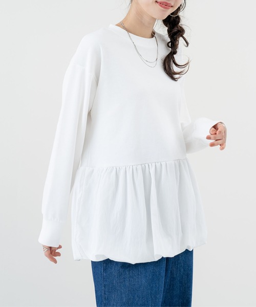 SABUROKU(サブロク)の「【SABUROKU】ふんわり 華やか シルエットが魅力の バルーンチュニック(Tシャツ/カットソー・レディース・ホワイト/グリーン・M)」の3枚目の写真