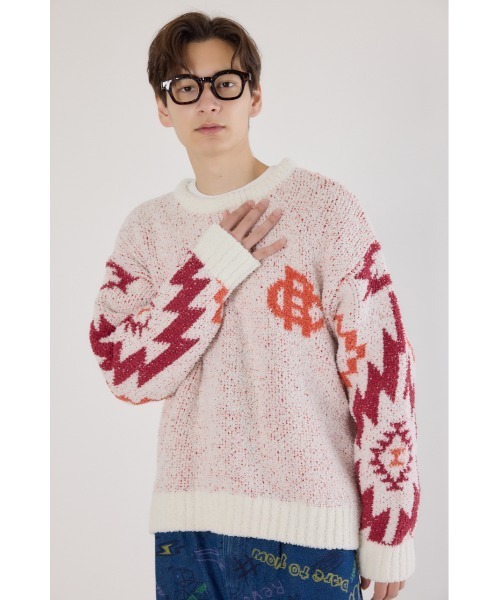 RODEO CROWNS WIDE BOWL（ロデオクラウンズワイドボウル）の「オルテガジャカードニット（ニット/セーター・メンズ・オフホワイト/ブラック/ネイビー・MEDIUM/LARGE）」の5枚目の写真