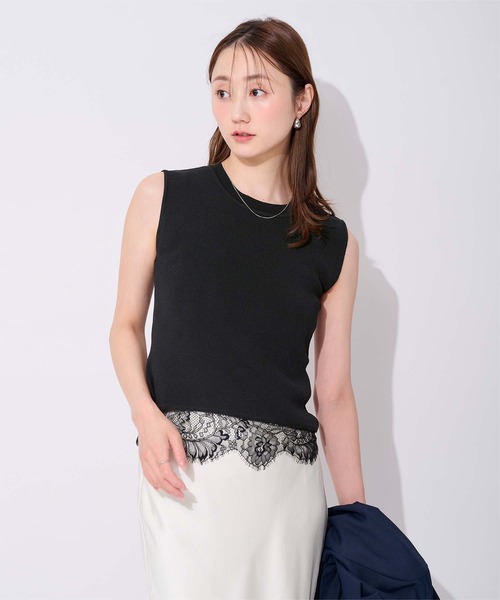 UR'S(ユアーズ)の「ヘムレースノースリーブニット(ニット/セーター・レディース・ブラック/オフホワイト・L/M/S)」の2枚目の写真