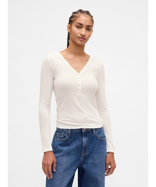 GAP(ギャップ)の「シアー リブTシャツ(Tシャツ/カットソー・レディース・ブラック/オフホワイト・XL/S/XS/XXS/L/M)」の1枚目の写真