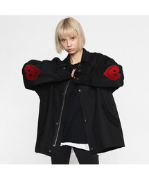 GRAVER（グレーバー）の「[UNISEX] ELBOW EMBROIDERED HEART SMILE WHITE CLIP JACKET_BLACK（ミリタリージャケット）」