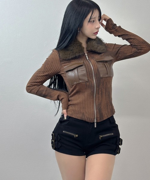 FOLLOWIN（フォロウィン）の「【2WAY】ファームラ加工リブダブルジップジャケット（テーラードジャケット・レディース・ブラウン/ブラック/カーキ・FREE）」の17枚目の写真