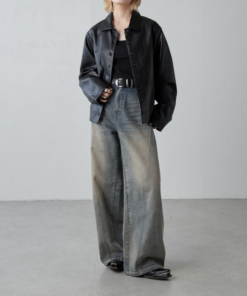 Lui's（ルイス）の「切替デザインワイドデニムパンツ（デニムパンツ・レディース・インディゴブルー/ブラック・36/38）」の4枚目の写真