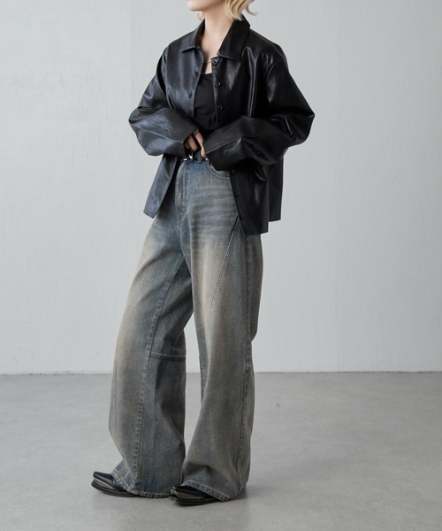 Lui's（ルイス）の「切替デザインワイドデニムパンツ（デニムパンツ・レディース・インディゴブルー/ブラック・36/38）」の5枚目の写真