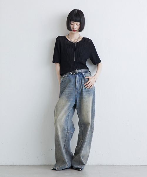 Lui's(ルイス)の「切替デザインワイドデニムパンツ(デニムパンツ・レディース・インディゴブルー/ブラック/ブルー・36/38)」の8枚目の写真